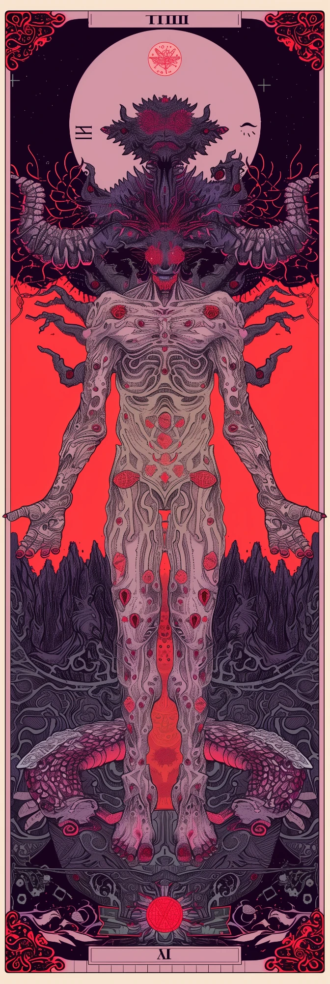 Symmetrische okkulte Figur in Rot, Violett und Schwarz.