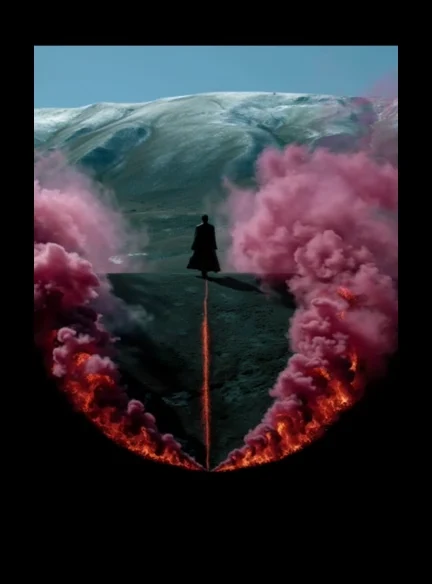 Eine dunkle Gestalt steht zwischen rosa Rauch und glühenden roten Spalten vor einer Berglandschaft.