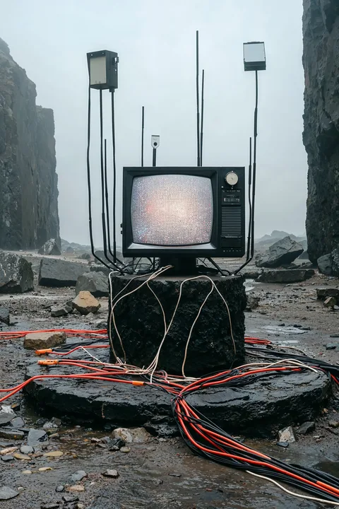 Ein alter Röhrenfernseher zwischen Ruinen, umgeben von roten Kabeln.