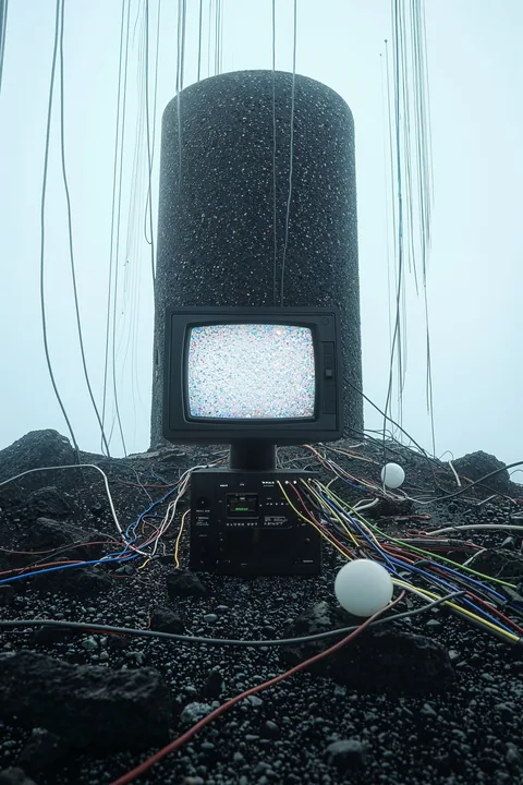 Ein Röhrenfernseher am Fuß einer schwarzen, monolithischen Form.