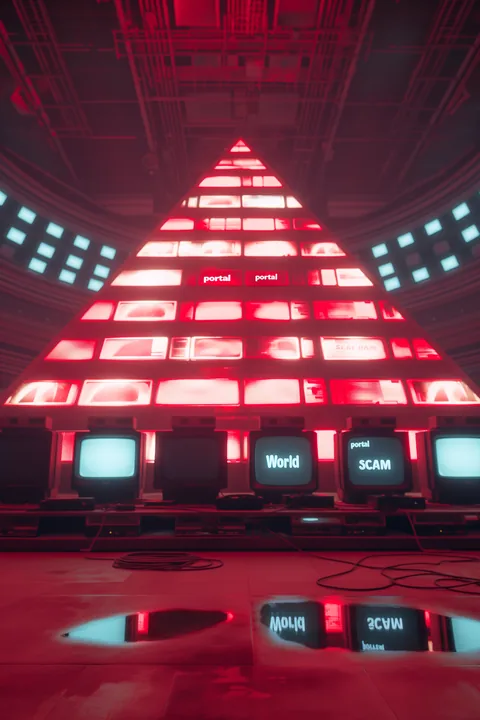 Eine rot leuchtende Pyramide aus Bildschirmen in einem dunklen Raum.