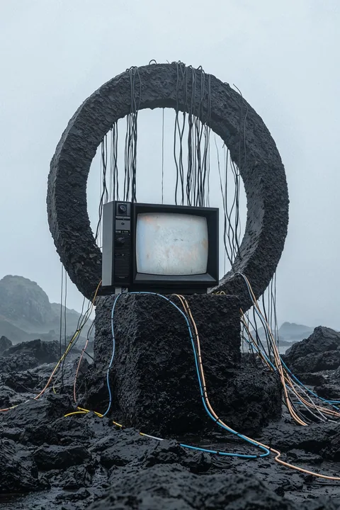 Ein Fernseher in einem dunklen steinernen Ring, umgeben von Kabeln.