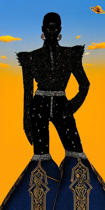 Eine schwarze Gestalt in einer kantigen, gold-blauen Robe vor gelbem Himmel.