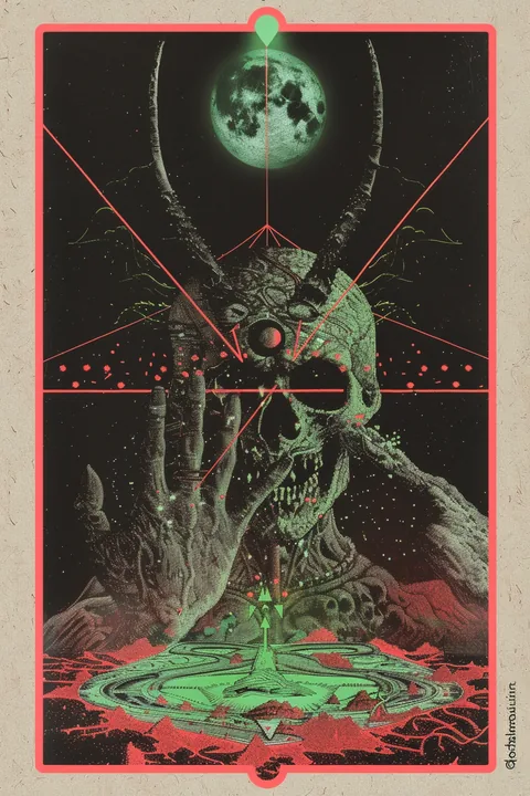 Eine grüne, wurzelartige Gestalt unter einem Mond in einem rot umrandeten Kartenmotiv.