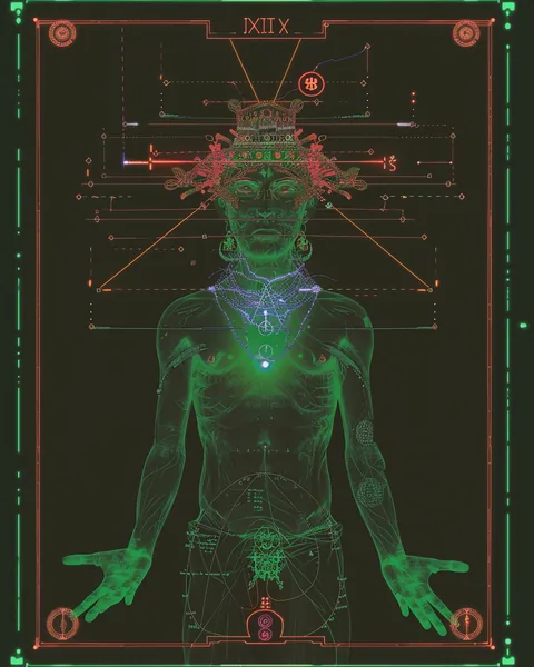 Eine grüne anatomische Gestalt mit leuchtender Brust und feinen geometrischen Linien.
