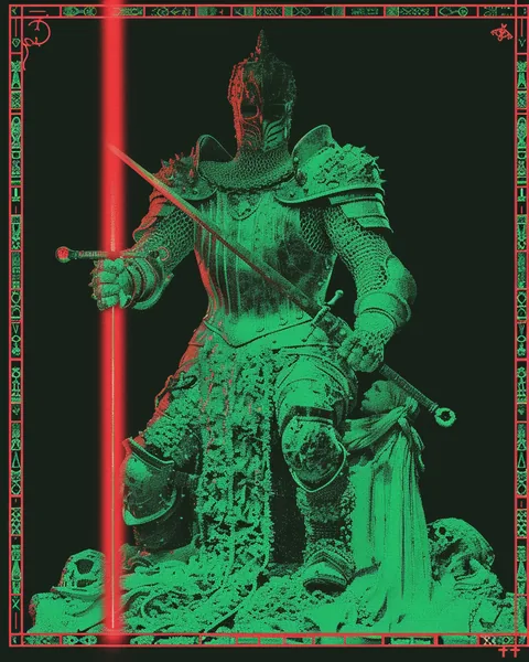 Eine grüne, thronende Gestalt in einem rot umrandeten Kartenmotiv.