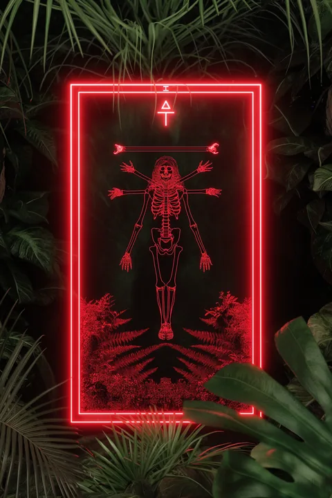 Eine kleine skelettartige Figur in einem roten Neonrahmen, umgeben von dunklen Pflanzen.