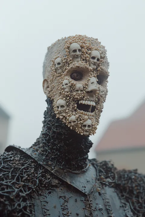 Ein Kopf aus vielen kleinen maskenartigen Gesichtern auf einem dunklen, strukturierten Körper.