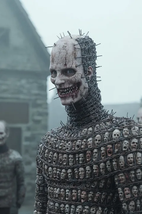 Eine bleiche, mit Dornen besetzte Maske über einem Gewand aus kleinen Gesichtern.