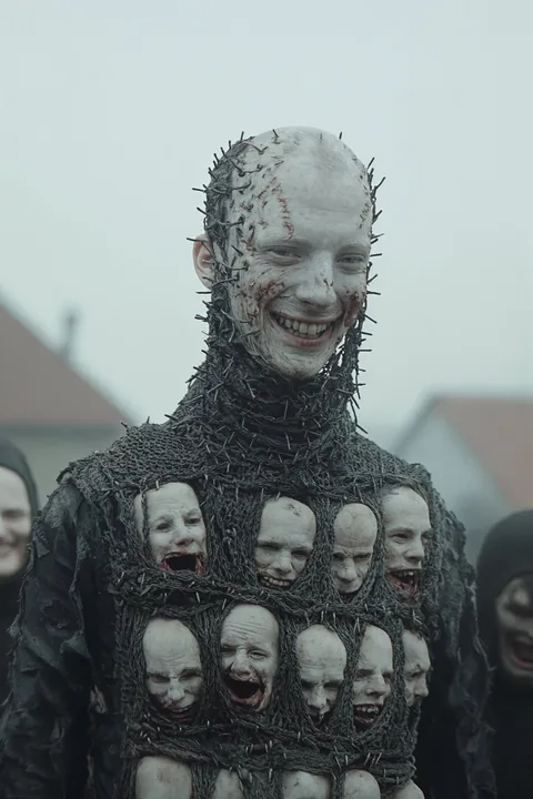 Eine graue Gestalt mit Reihen bleicher Masken auf der Brust.