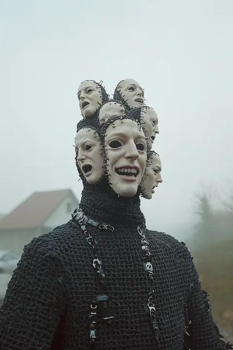 Eine schwarz gekleidete Gestalt mit mehreren Gesichtern an einem gemeinsamen Kopf.