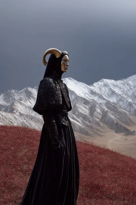 Eine Gestalt mit gebogenen Hörnern in einem schwarzen Kleid vor weißen Bergen.