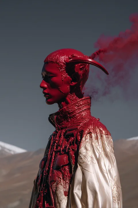Das Profil einer rot verhüllten Gestalt mit rotem Rauch vor einer Berglandschaft.
