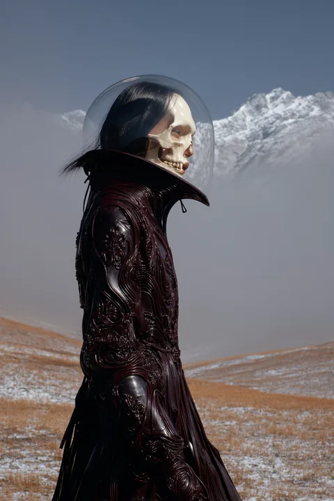 Eine schwarz gekleidete Gestalt mit durchsichtigem Helm und blasser Maske vor Bergen.