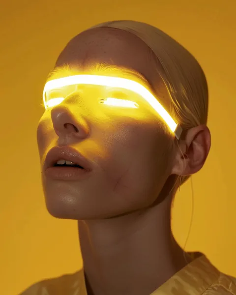 Ein kahles Gesicht mit einem hellgelben Lichtband über den Augen.
