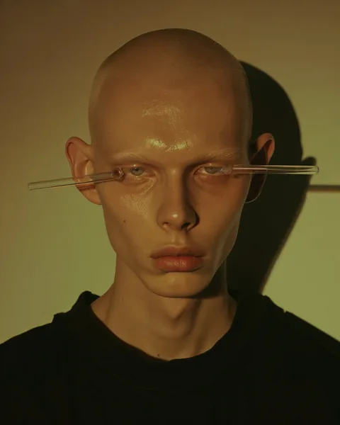 Ein kahles Gesicht mit einer dünnen metallischen Konstruktion auf Augenhöhe.