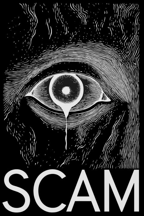 Schwarz-weißes SCAM-Artwork mit einem stilisierten Auge.